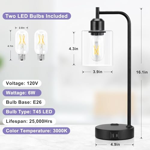 Innqoo A-Clear Industrial Touch Bedside Lamps Set of 2, Dimmable Nightstand Lights with USB and Outlet