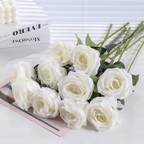 Artificial White Rose Flowers Bulk - Velvet Silk Long-Stem 120 Pcs