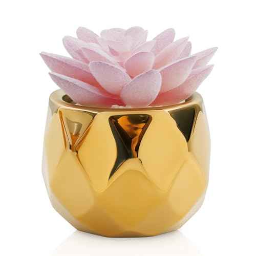 VIVERIE Mini Succulents Plants Artificial in Pots-Pink with Golden Ceramic, Christmas Small Fake Succulents Plants for Home Decor Indoor for Women, Golden Ceramic Faux Succulents, Gifts for Mom