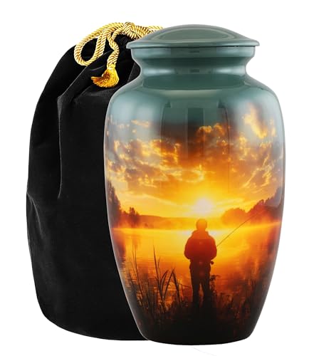 Gray Large Fishing Cremation Urn for Adult Ashes - Handmade Memorial Funeral Urn with Velvet Bag
