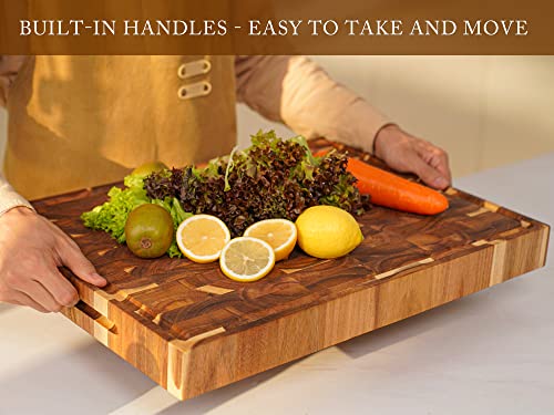 Acacia End Grain Wood Cutting Board 20x15x2 Inch - Butcher Block with Handles