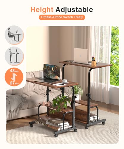 Rustic Adjustable Height Rolling Desk with Storage Shelves - 32-Inch Computer & Drafting Table for Home Office