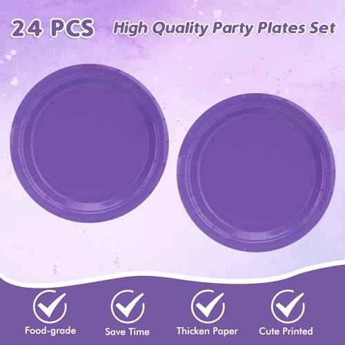 49Pcs Purple Birthday Party Decorations Purple Party Supplies Set Include 24 Plates 24 Napkins and 1 Tablecloth, Disposable Purple Tableware for Birthday Wedding Graduation Baby Showers Party