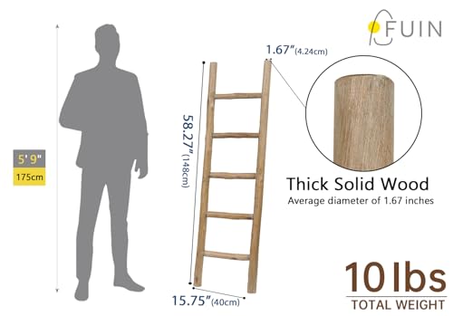FUIN Rustic Wooden Blanket Ladder 57in - Fully Assembled, Brown Medium