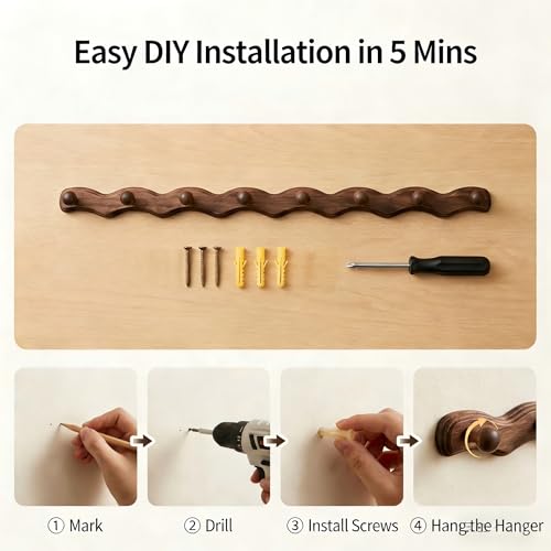 Vinoil 8-Pack Wooden Wall Coat Hooks - Modern Wavy Design for Entryway & Bathroom
