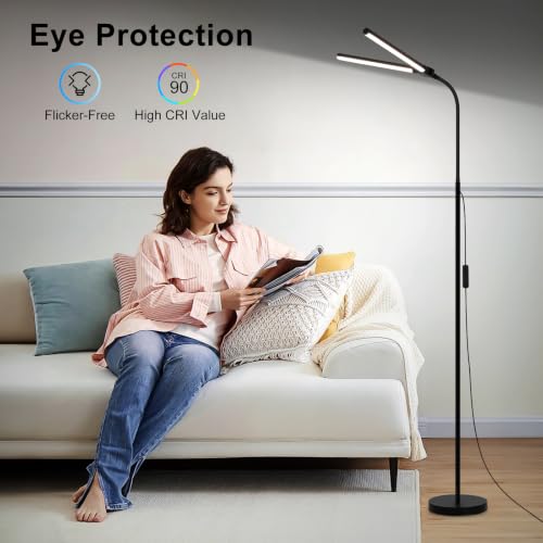 Seaside Village Black LED Floor Lamp with Double Head, Dimmable 18W Reading Light