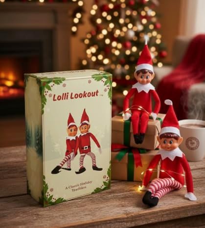 Lolli Lookout™ Christmas Elf Pair - Classic Plush Figurines | 14-Inch Red Holiday Shelf Sitters for Mantel Decor