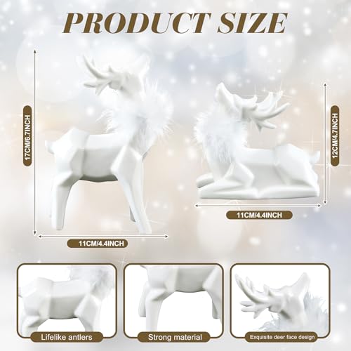 Ceramic Christmas Reindeer Figurines Set - White Deer Decor for Winter Holiday Tabletop