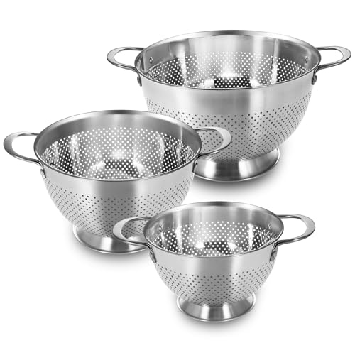 Stainless Steel Colander Set of 3 (1.5/3/5 Qt) - Rust-Resistant Mesh Strainers with Handles
