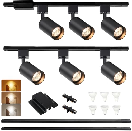 Black 3-Color Dimmable LED Track Lighting Kit with 6 Heads & Rails