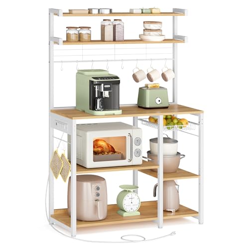 VASAGLE Kitchen Baker's Rack with Power Outlet, 35.4W x 65.2H, Golden Oak + Cloud White