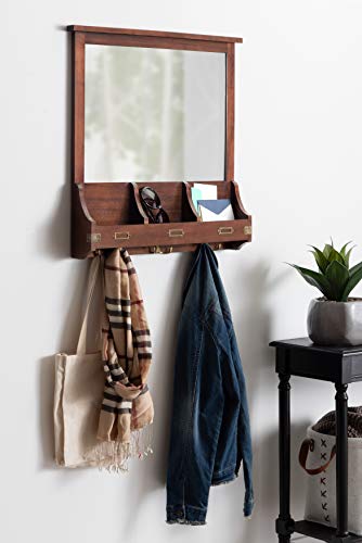 Wall Mounted Wood Home Organizer Mirror with Pockets & Hooks - Walnut 24"L x 3.5"W