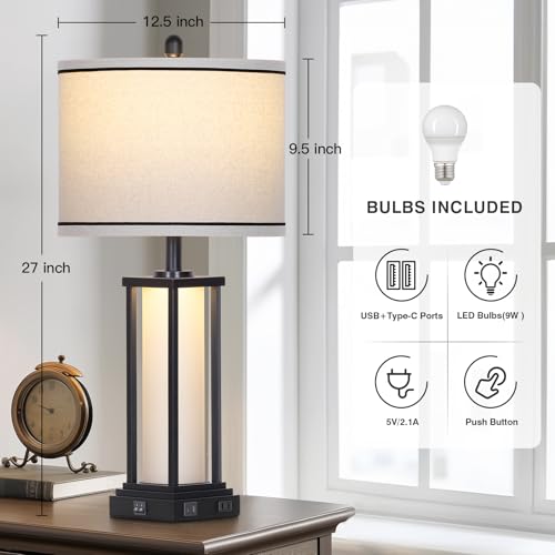 27-Inch Vintage Farmhouse Table Lamp with USB-C+A Outlets, Nightlight - Black-1P