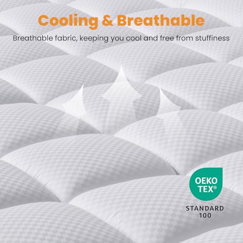 White Checkered King Size Cooling Mattress Topper 78x80 Inches - Deep Pocket, Quilted Fitted Protector