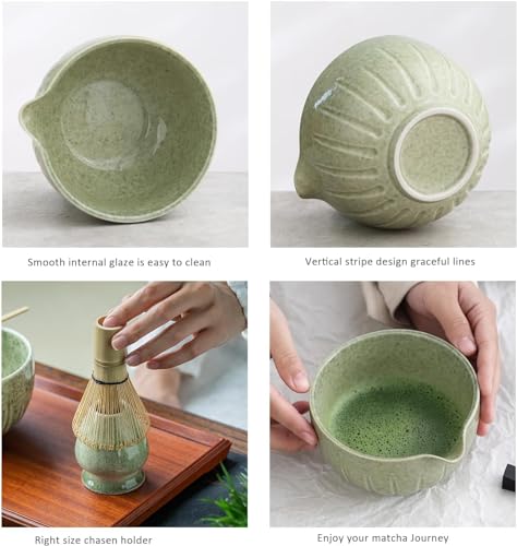 Mottled Green TANG PIN Matcha Set - 15oz Porcelain Bowl & Bamboo Whisk