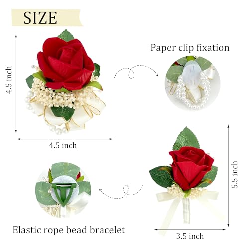 2pcs Red Corsage Wristlet Boutonniere for Men Silk Christmas Corsgea and Boutonniere Set Double Pearl Wrist Corsage Bracelets Rose Boutonniere for Wedding Party Prom Decor