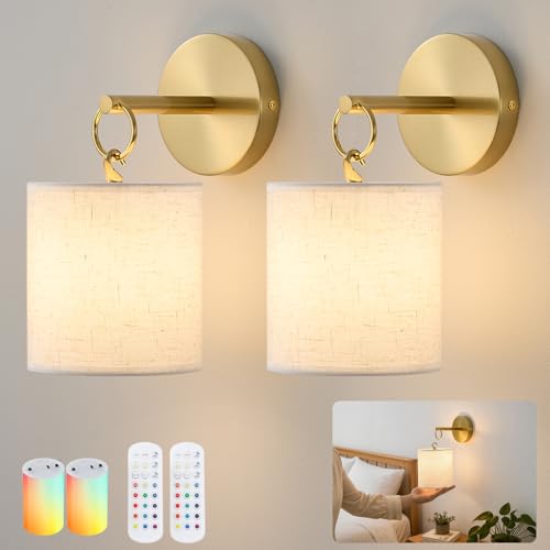 Wireless Battery Operated Wall Sconces Set of 2 - Gold RGB with Remote, Detachable Hooks