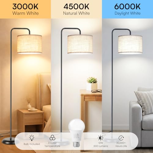 Floor Lamp with 3 CCT Bulb - Black Standing Lamp for Living Room - Variation: Black / 3 Color