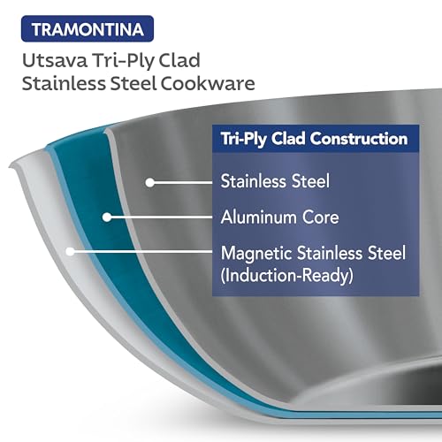 Tramontina Utsava 1.8 Qt Tri-Ply Clad Stainless Steel Kadai with Lid, Uncoated
