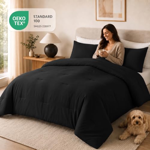 King Comforter Set with Corner Tabs - Black, 3 Pieces Down Alternative Bedding