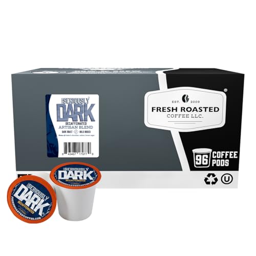 Fresh Roasted Coffee Seriously Dark Decaf K-Cup Pods 96 Count - Medium Roast, Recyclable, Kosher