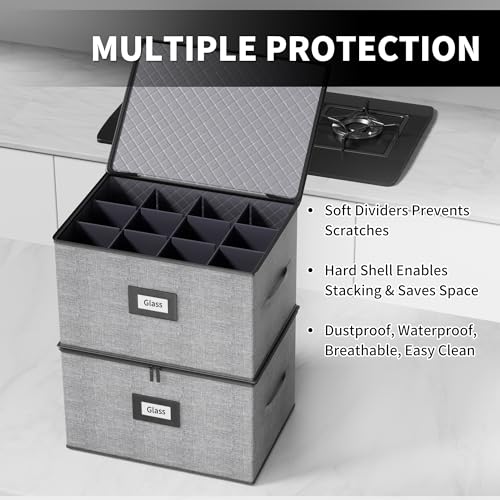 2-Pack Wine Glass Storage Box with Dividers, Hard Shell Stemware
