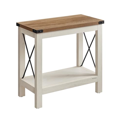 Rustic White and Honey Brown 2-Tier End Table with Shelf - Small Accent Nightstand