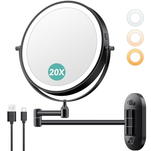 Auxmir Wall Mounted Makeup Mirror 8 Inch 20X Magnification, Rechargeable, Black, 9.2"L x 12"W