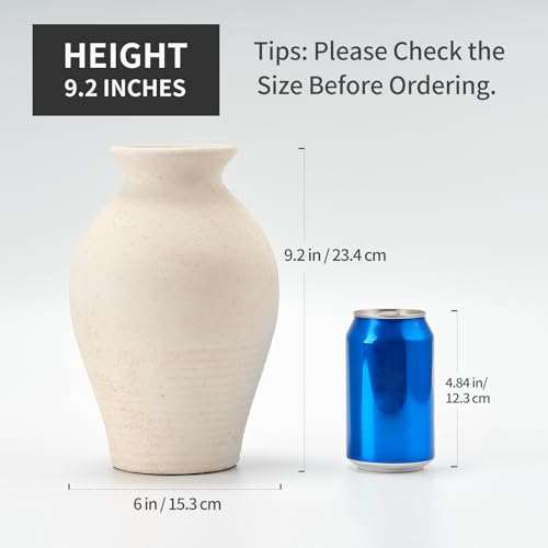 Off-White Ceramic Farmhouse Vase 9.2 Inch Rustic Whitewashed Terracotta