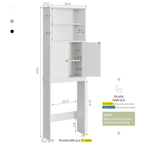 Meilocar White Over Toilet Storage Cabinet - Tall Bathroom Organizer with Adjustable Shelf