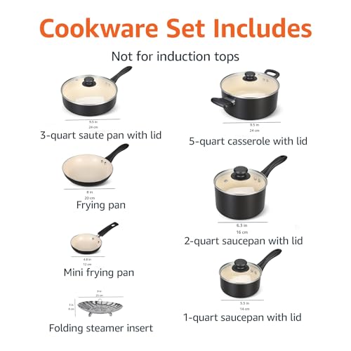11-Piece Non-Stick Ceramic Cookware Set with Glass Lids - Dishwasher & Oven Safe