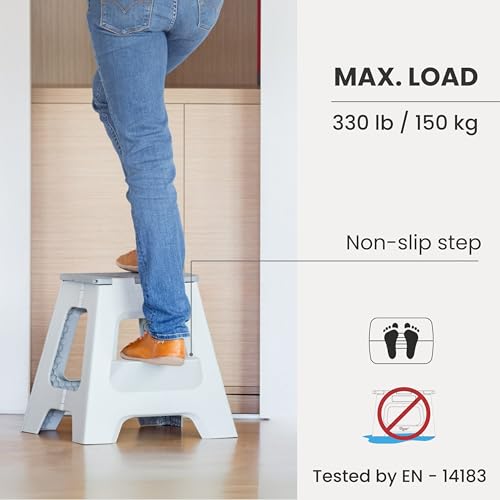 Gray 16-Inch 2-Step Foldable Folding Step Stool - Compact, Non-Slip