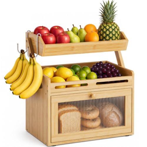Bamboo Bread Box with Fruit Basket - Kitchen Countertop Organizer