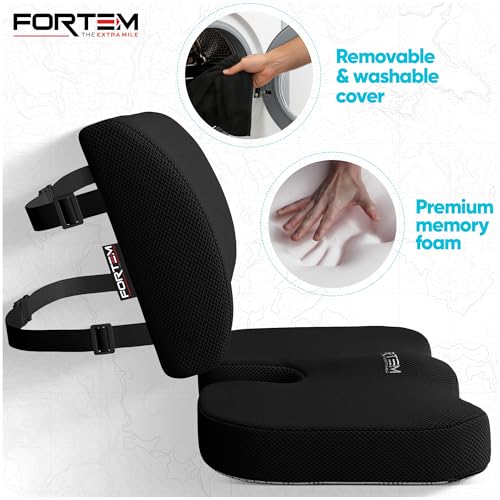 FORTEM Large Black Seat Cushion & Lumbar Support for Office Chair, Car, Wheelchair - Ergonomic Memory Foam