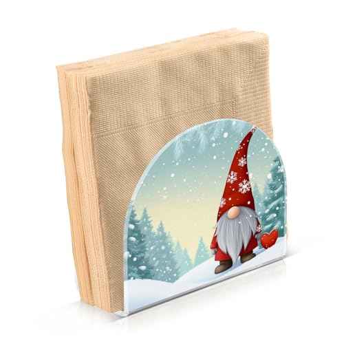 Caikeny Napkin Holder for Tables Christmas Gnome Acrylic Napkins Holder Winter Snow Tree Freestanding Tissue Dispenser Box for Kitchen Dining Table Coffee Desk Decor
