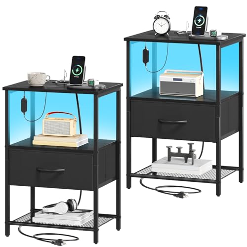 Nightstand Set of 2 with Charging Station & LED Light - Black, 11.8 x 15.7 x 23.4 inches, 1 Drawer