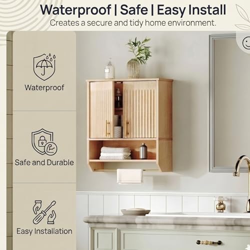 Narrow Bathroom Wall Cabinet with Towel Rack - Farmhouse Fluted Style, Natural, 15.7"L x 7.9"W x 22.4"H