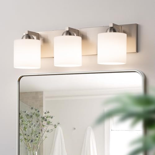 Mirrea 3-Light Brushed Nickel Bathroom Vanity Light with White Glass Shades - Variation of Brushed Nickel / 3-Light