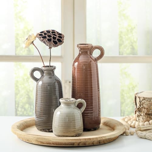 Ooit Brown Ceramic Vase Set of 3 Rustic Farmhouse Home Decor with Handles