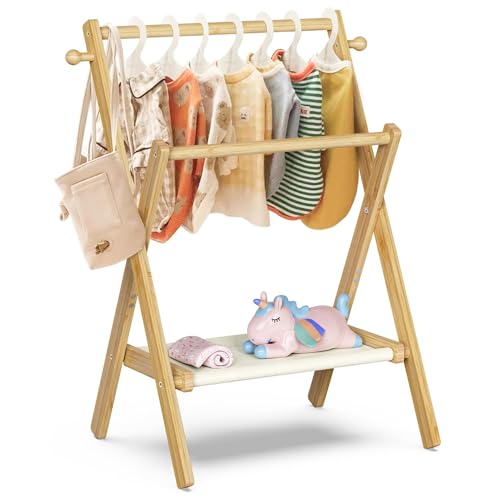 Natural Bamboo Baby & Pet Clothes Rack with Storage Shelf & Double Rods