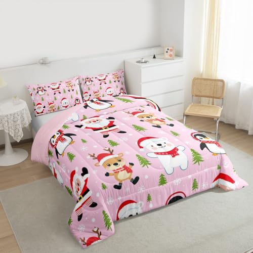 Feelyou Santa Claus Christmas Comforter Set Twin 2 Pcs - Pink/Red/White