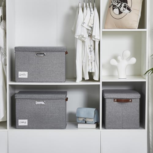 Large Fabric Storage Box with Lids - Gray 3-Pack, 17 Inch Home Organization