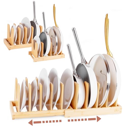 Expandable Bamboo Pot Lid Organizer with Magnetic Lock for Kitchen Cabinets