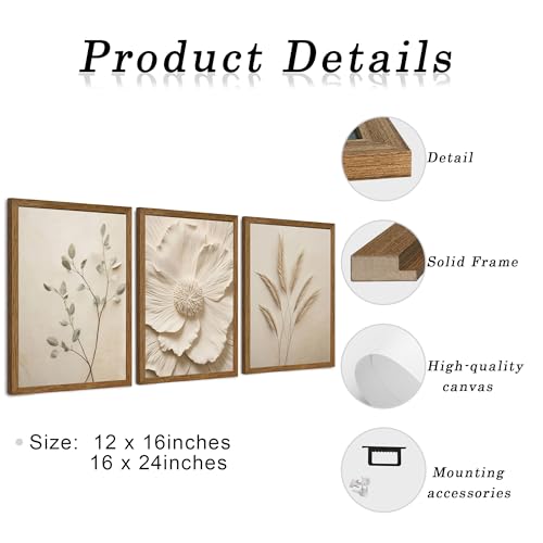 JLTULT Beige Floral Wall Art Set of 3 - 12x16 Inch Botanical Canvas Prints with Solid Wood Frames