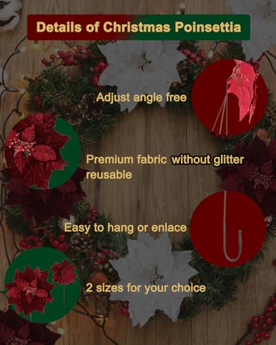 10 Inch Red Poinsettia Christmas Flowers 12pcs with Stems for Tree Wreath Decor - Vensovo
