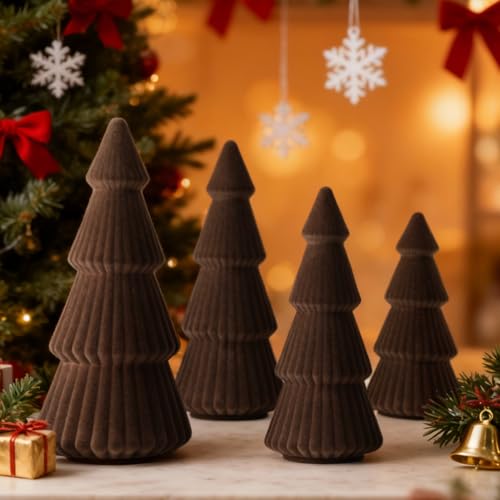 Lanpn 4 Pcs 6" 8" 10" Christmas Velvet Tree Figurine Decoration, Xmas
