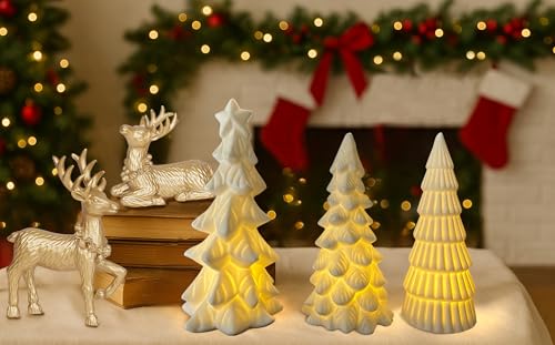 Lighted Ceramic Christmas Tree Set - 3 Small White Holiday Decor Figurines