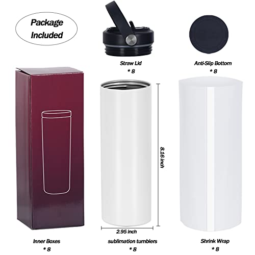 White 8 Pack 20oz Sublimation Skinny Tumblers with Handles - Double Wall Stainless Steel, Includes Lids & Accessories