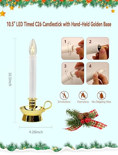 Hobbynors 4-Pack Golden Chamberstick Christmas Window Candles with Timer, 10.5 Inch LED Flameless Decor