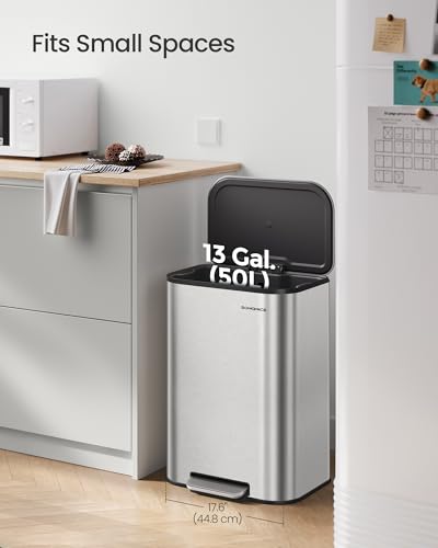 SONGMICS 13-Gallon Kitchen Trash Can Stainless Steel Soft Close - Metallic Silver